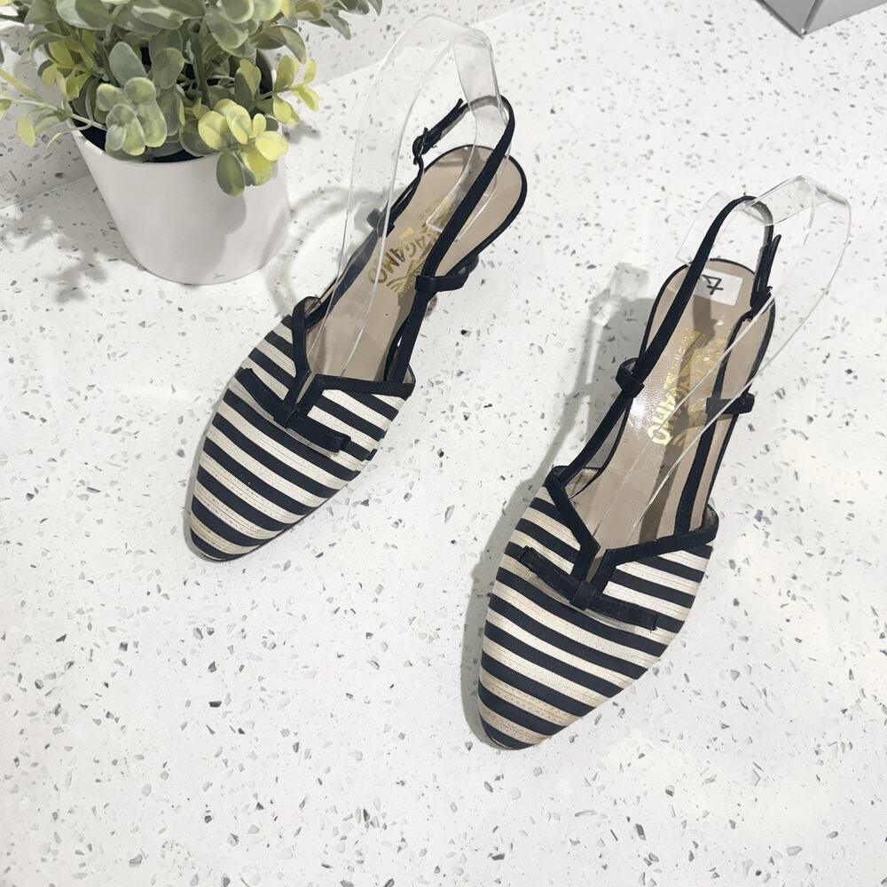 Salvatore Ferragamo striped slingback kitten heels Black Cream Striped Pointed 7